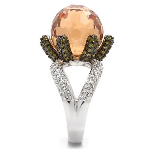 0W021 Rhodium   Ruthenium Brass Ring with AAA Grade CZ in Champagne