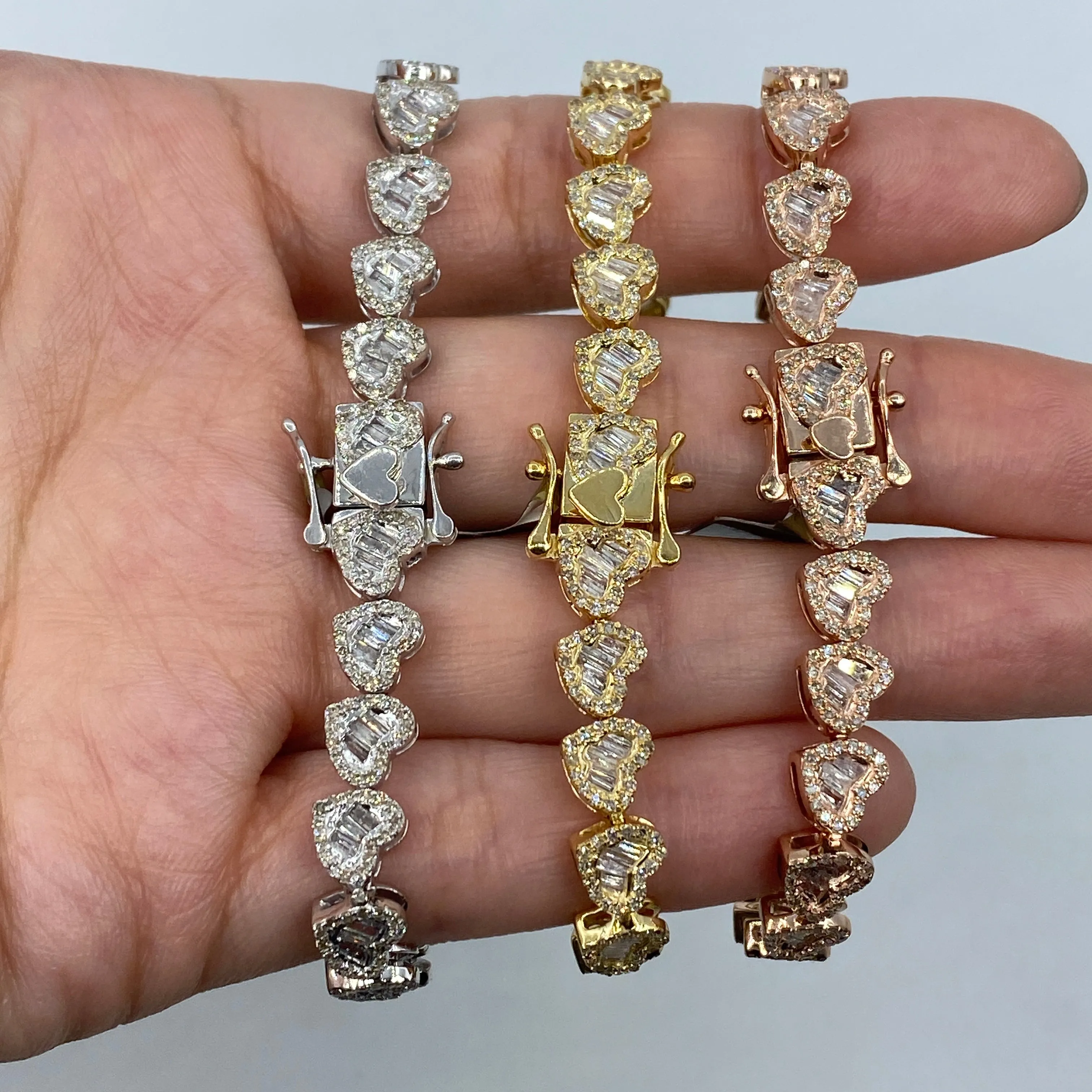 10K 6.5MM Adore Heart Link Diamond Baguette Bracelet 7"