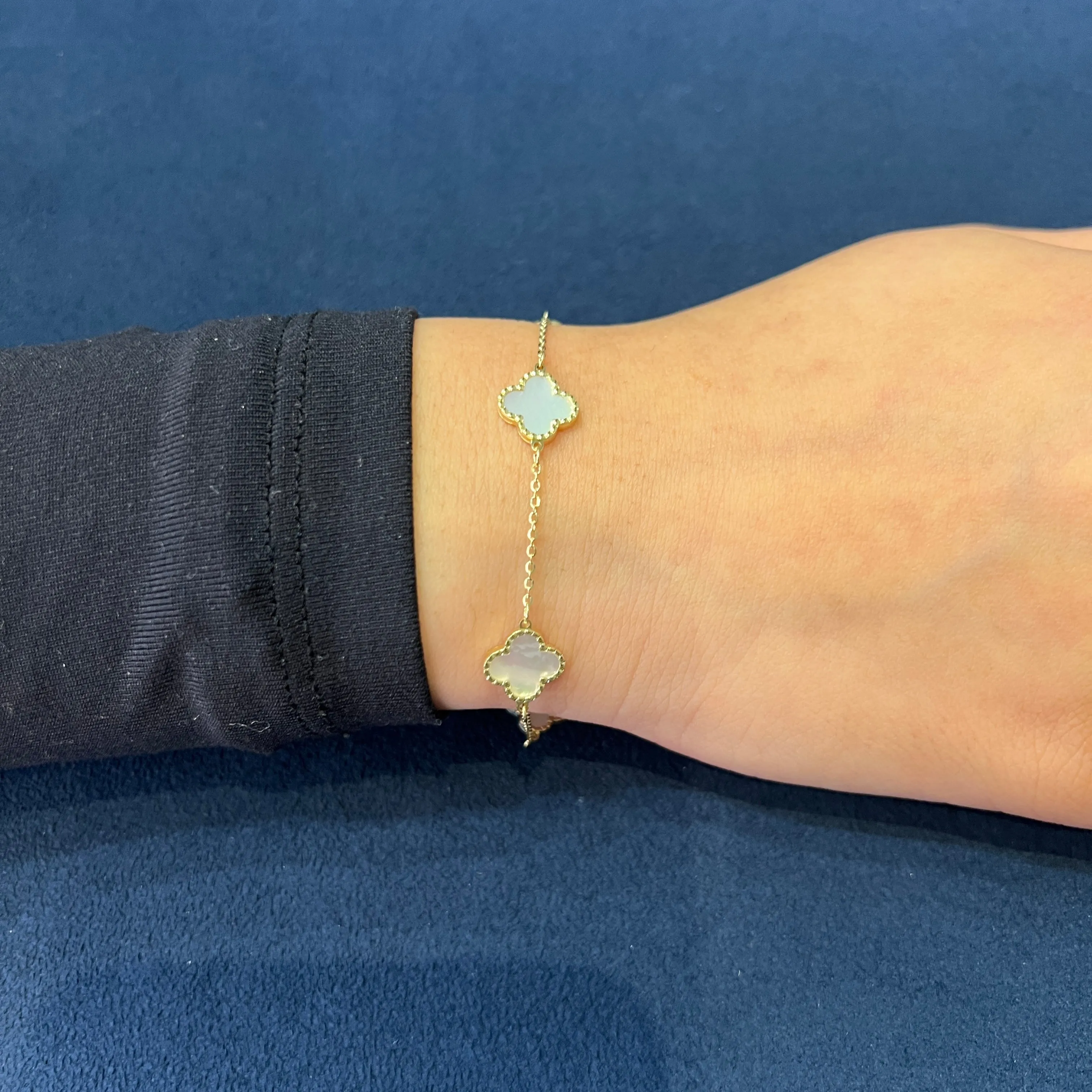10K Yellow Gold (10mm) Designer Style Clover Beaded Edge Mother of Pearl Bracelet