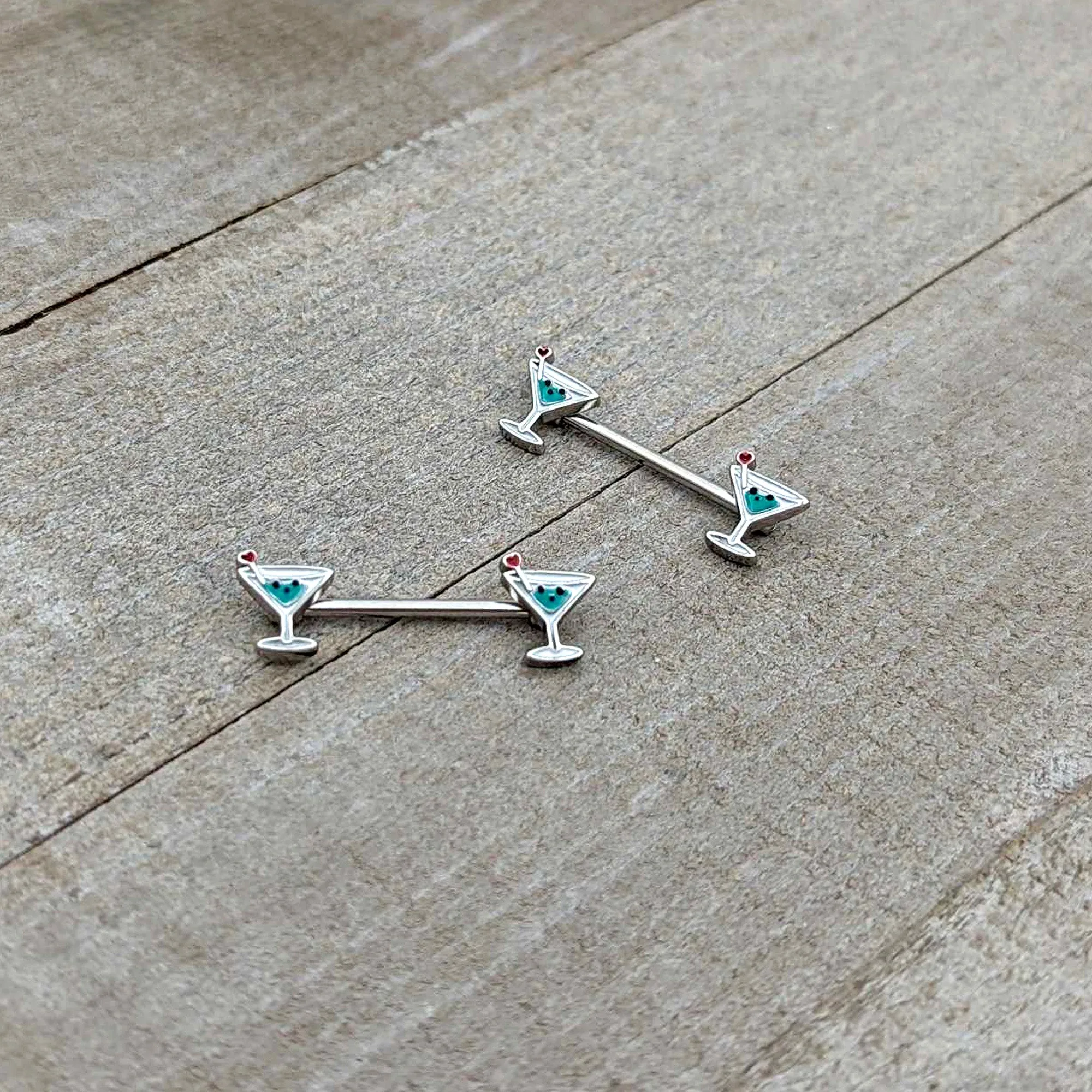 14 Gauge 9/16 Sweet Martini Glass Heart Barbell Nipple Ring Set