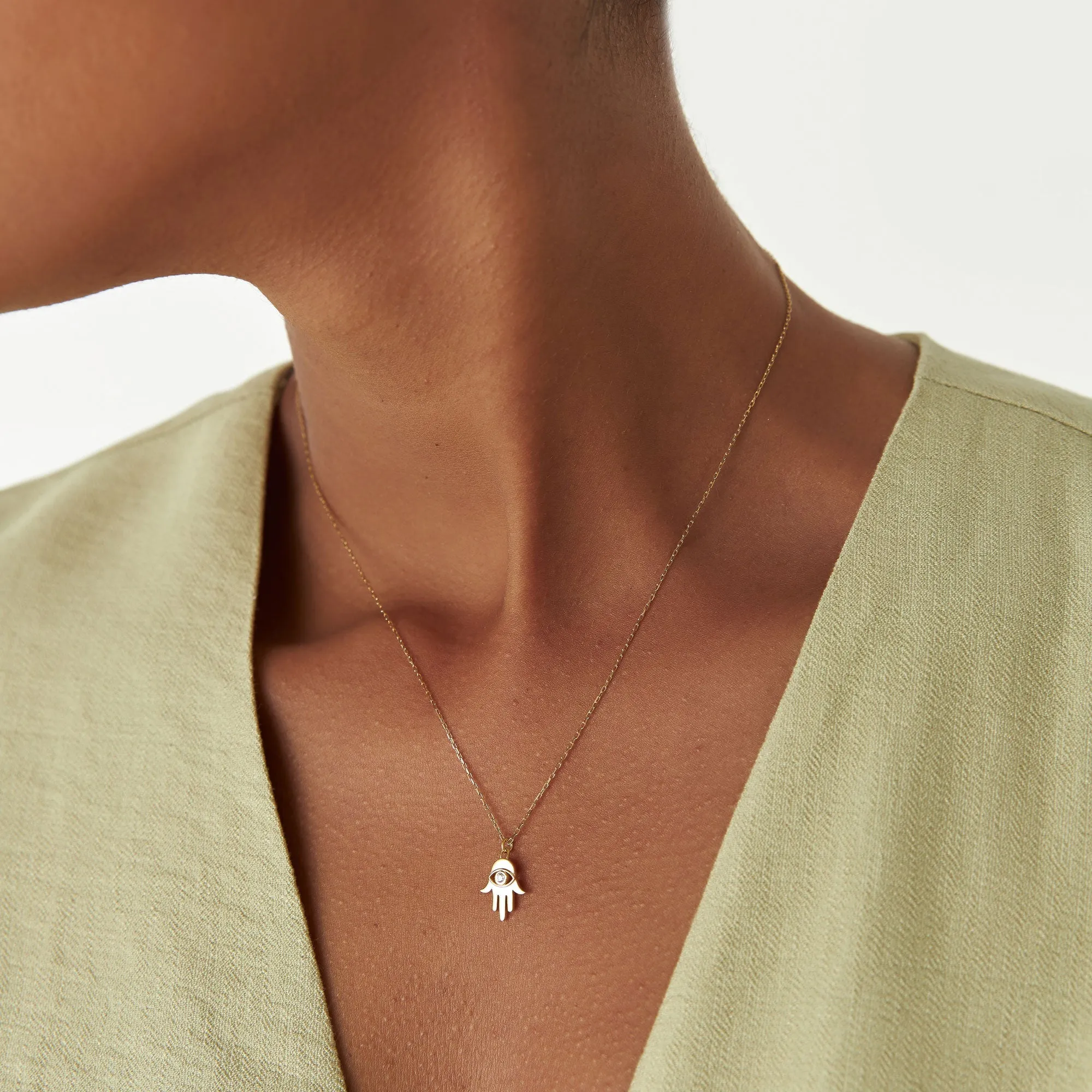 14k Diamond Hamsa Hand Protection Necklace