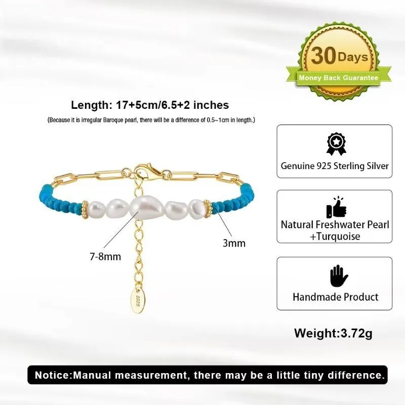 14K Gold 925 Sterling Silver Turquoise Chain Bracelet