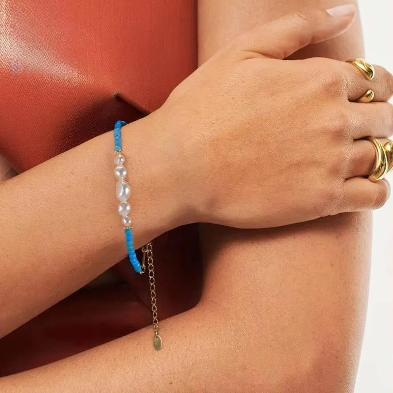 14K Gold 925 Sterling Silver Turquoise Chain Bracelet