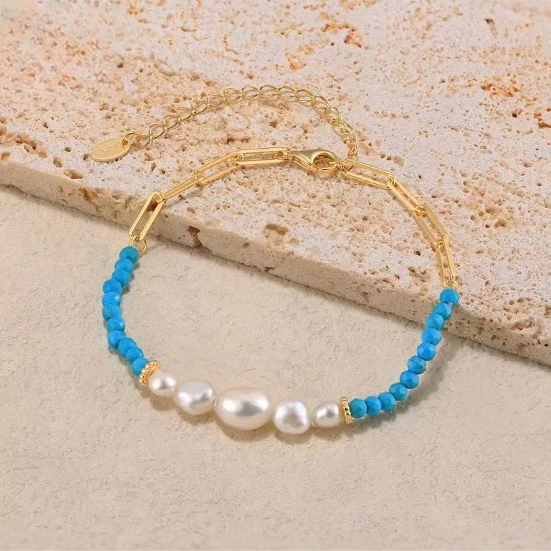 14K Gold 925 Sterling Silver Turquoise Chain Bracelet