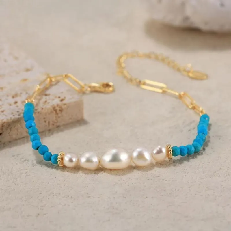 14K Gold 925 Sterling Silver Turquoise Chain Bracelet