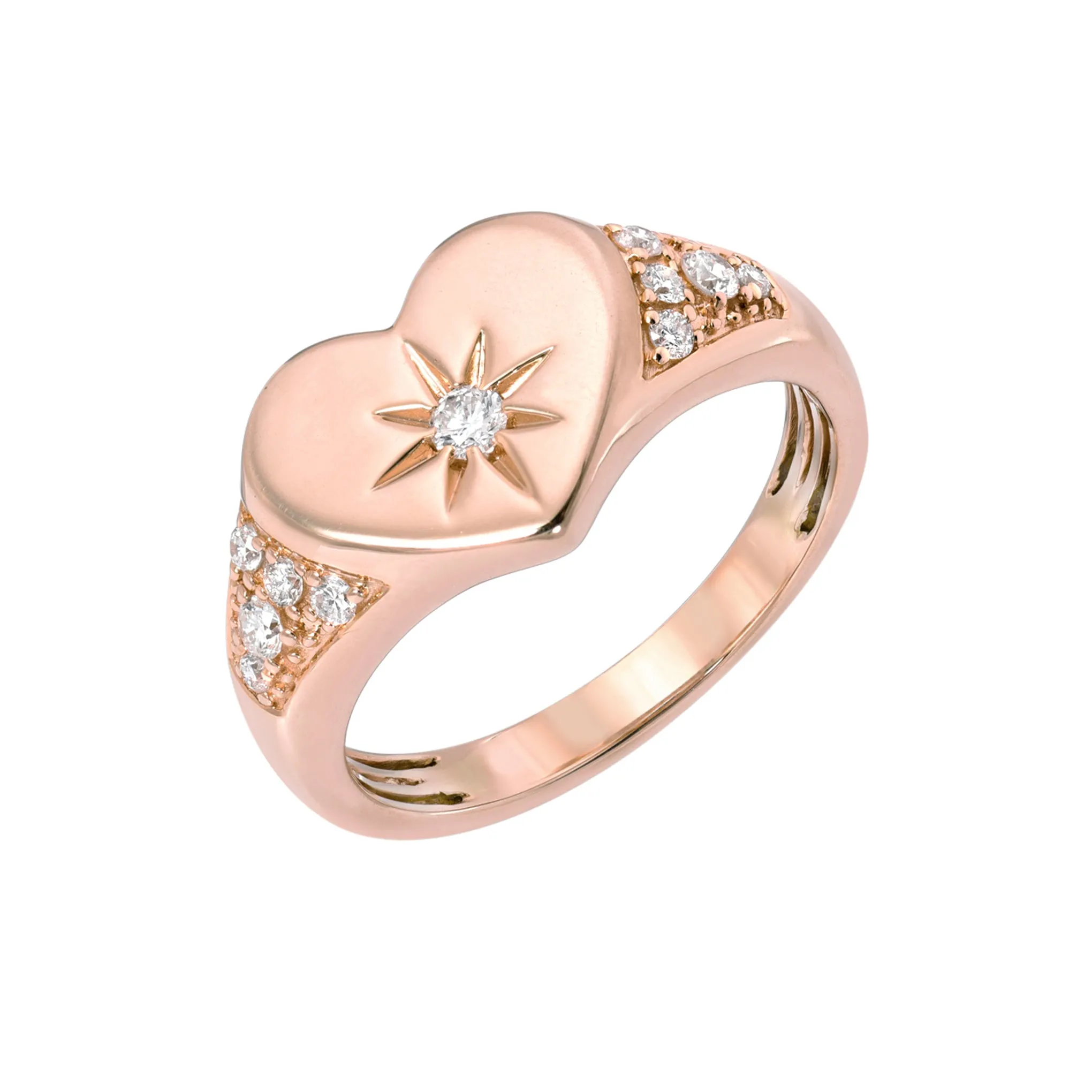 14K Gold Star Set Diamond Pavé Heart Signet Ring ~ LIMITED EDITION