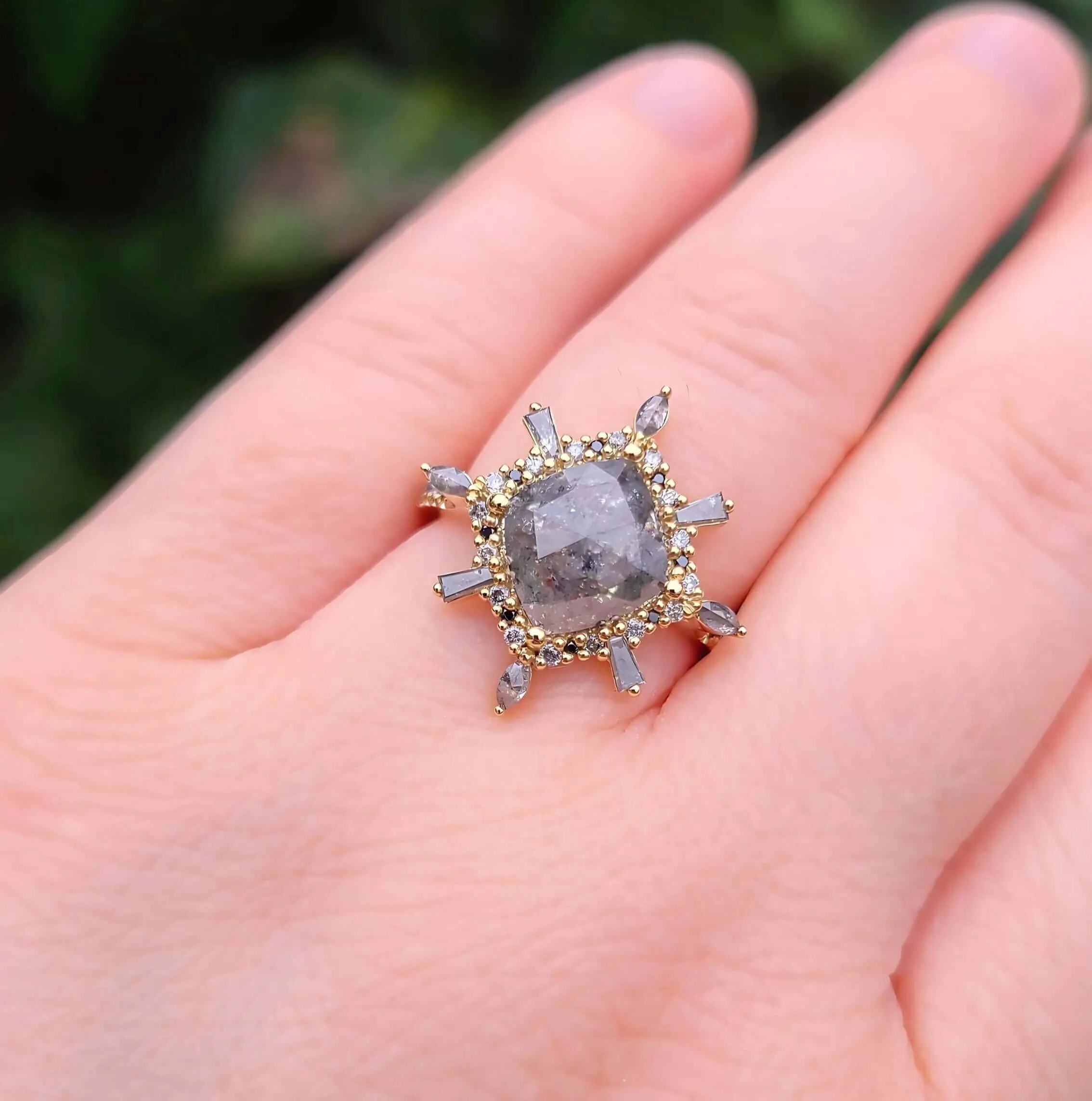 14K Rose Cut Salt & Pepper Diamond Cocktail Ring