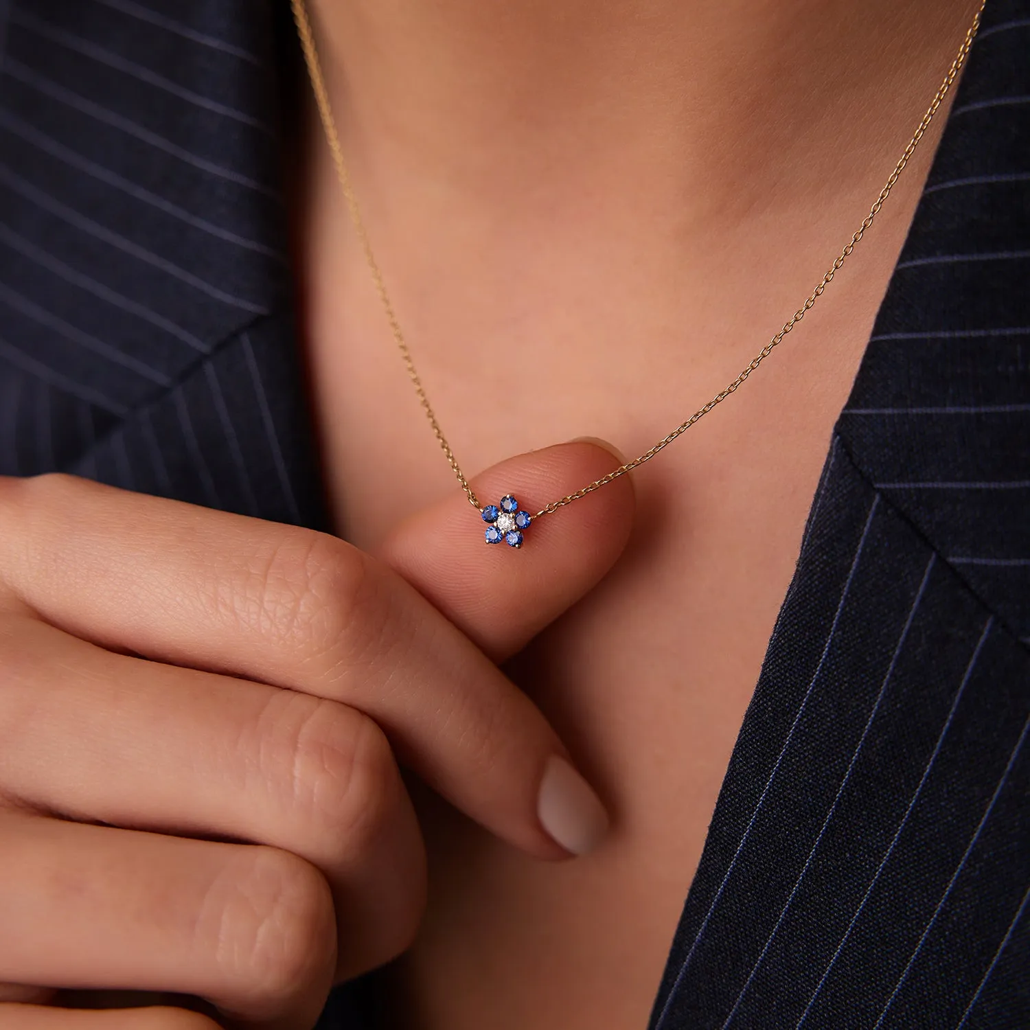 14k Sapphire and Diamond Flower Charm Necklace