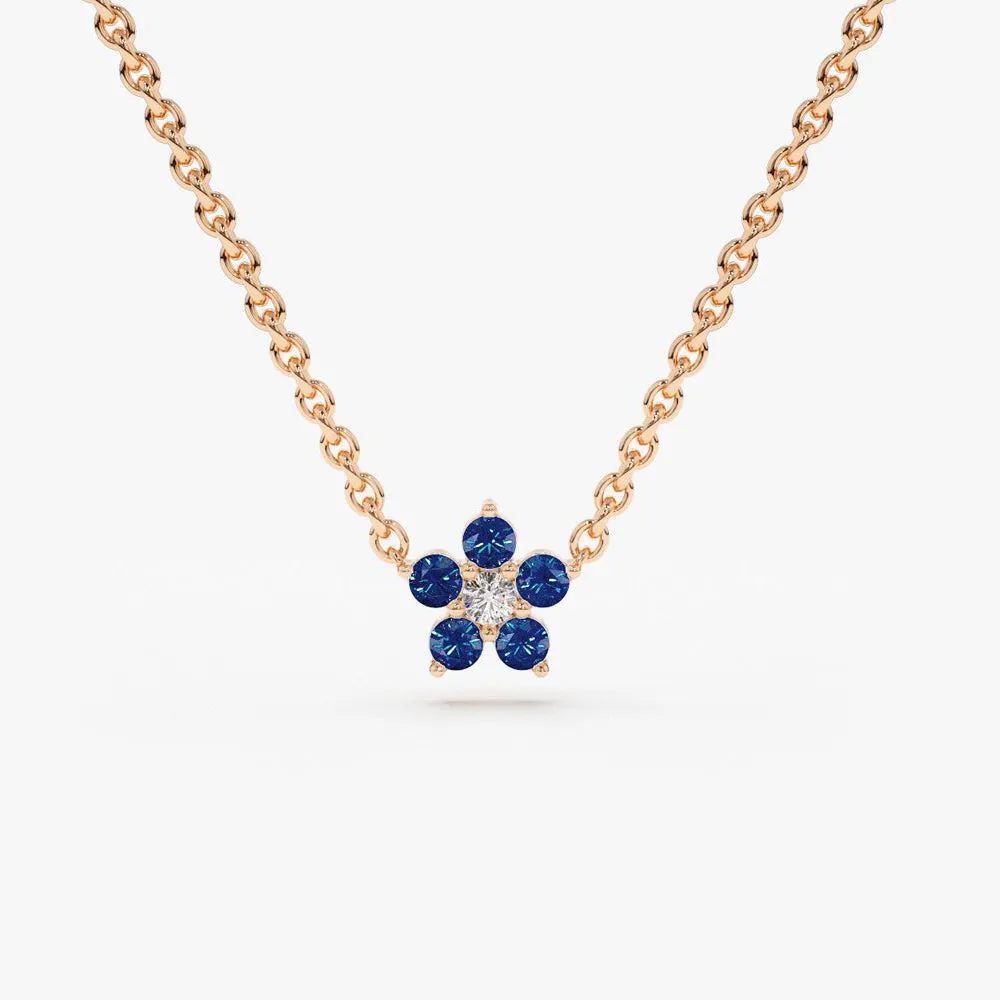 14k Sapphire and Diamond Flower Charm Necklace