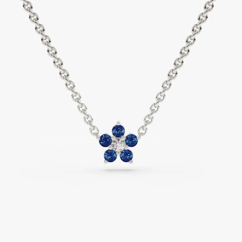 14k Sapphire and Diamond Flower Charm Necklace