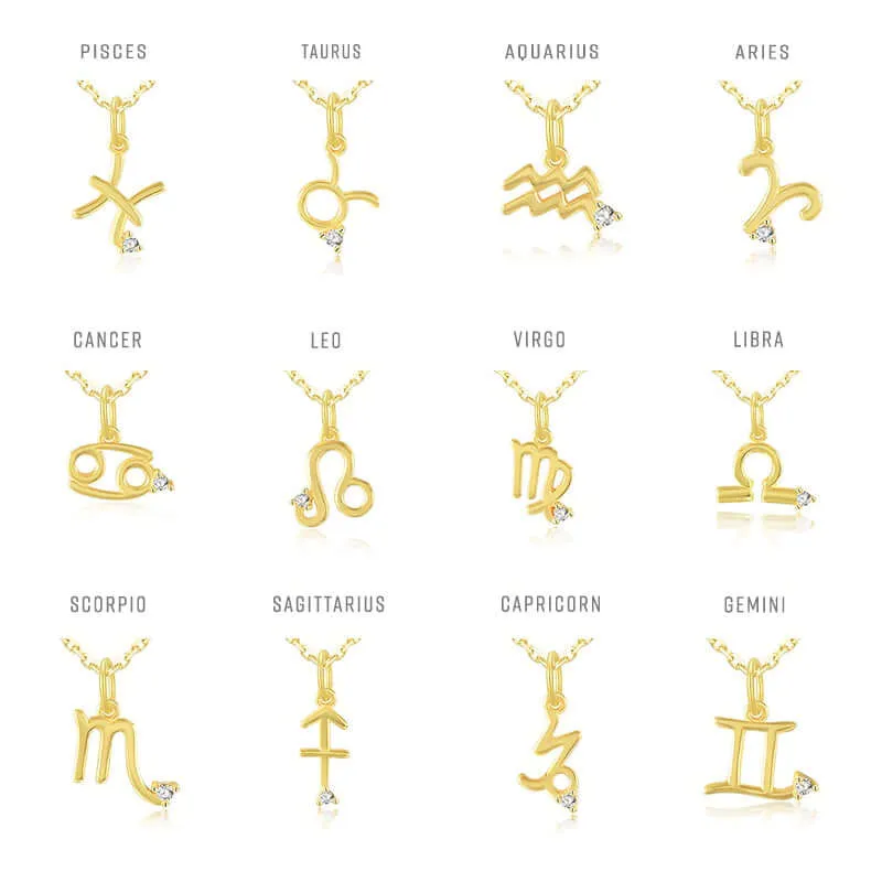 14k Solid Gold Personalized Necklace Zodiac Sign with Diamond