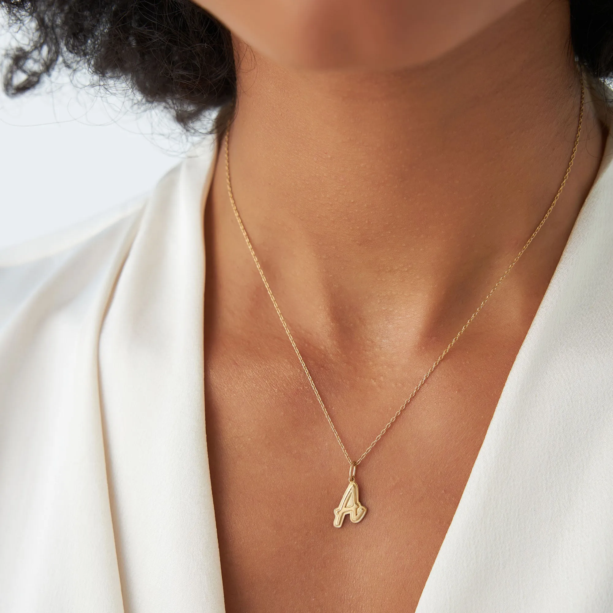 14K Solid Gold Script Font Initial Layered 3D Necklace