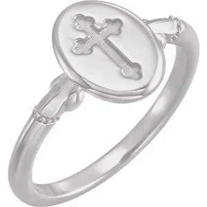 14K White 11.5x8.8 mm Oval Cross Signet Ring