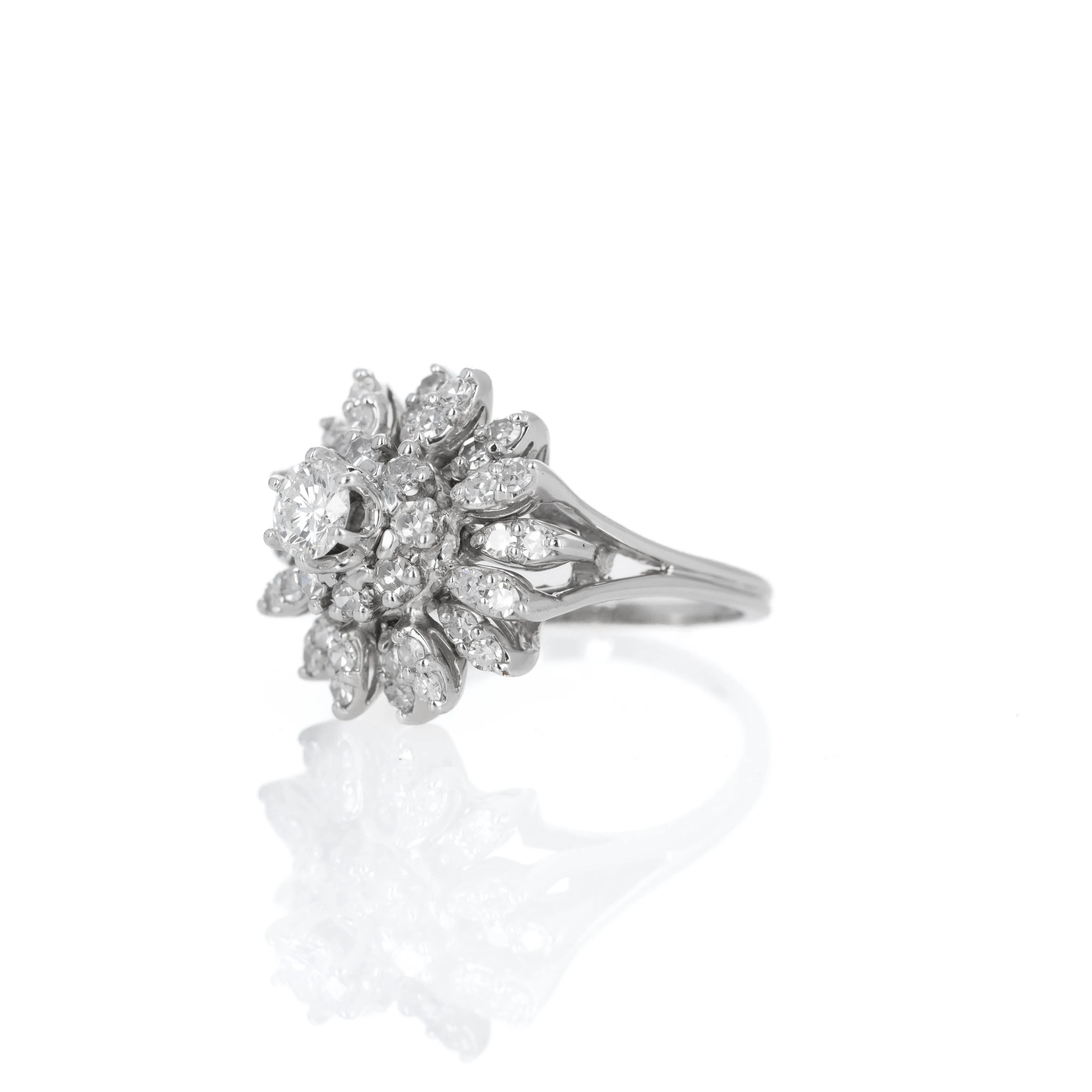 14K White Gold 1 Carat Round Diamond Starburst Cocktail Ring
