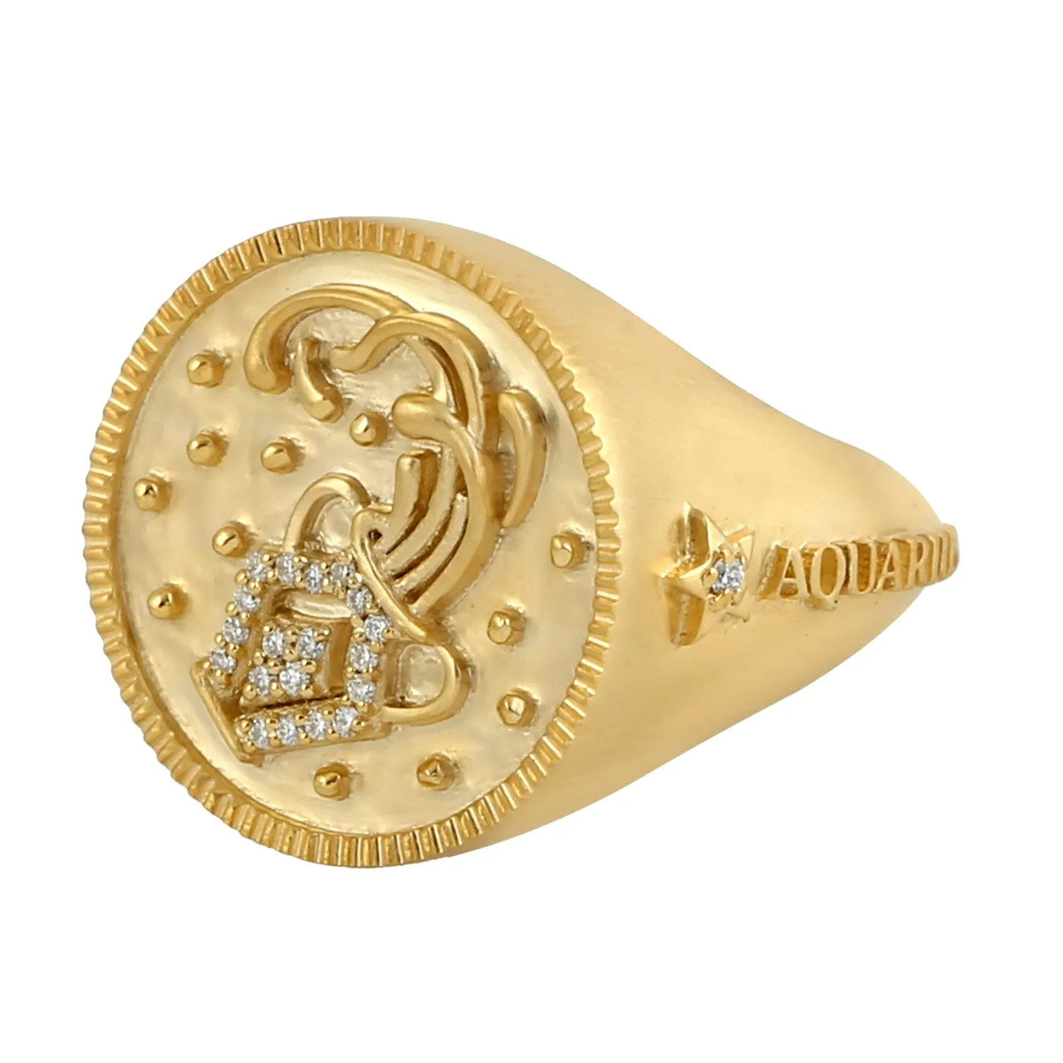 14k Yellow Gold Aquarius Zodiac Sign Birth Month Cocktail Ring With Studded Diamond