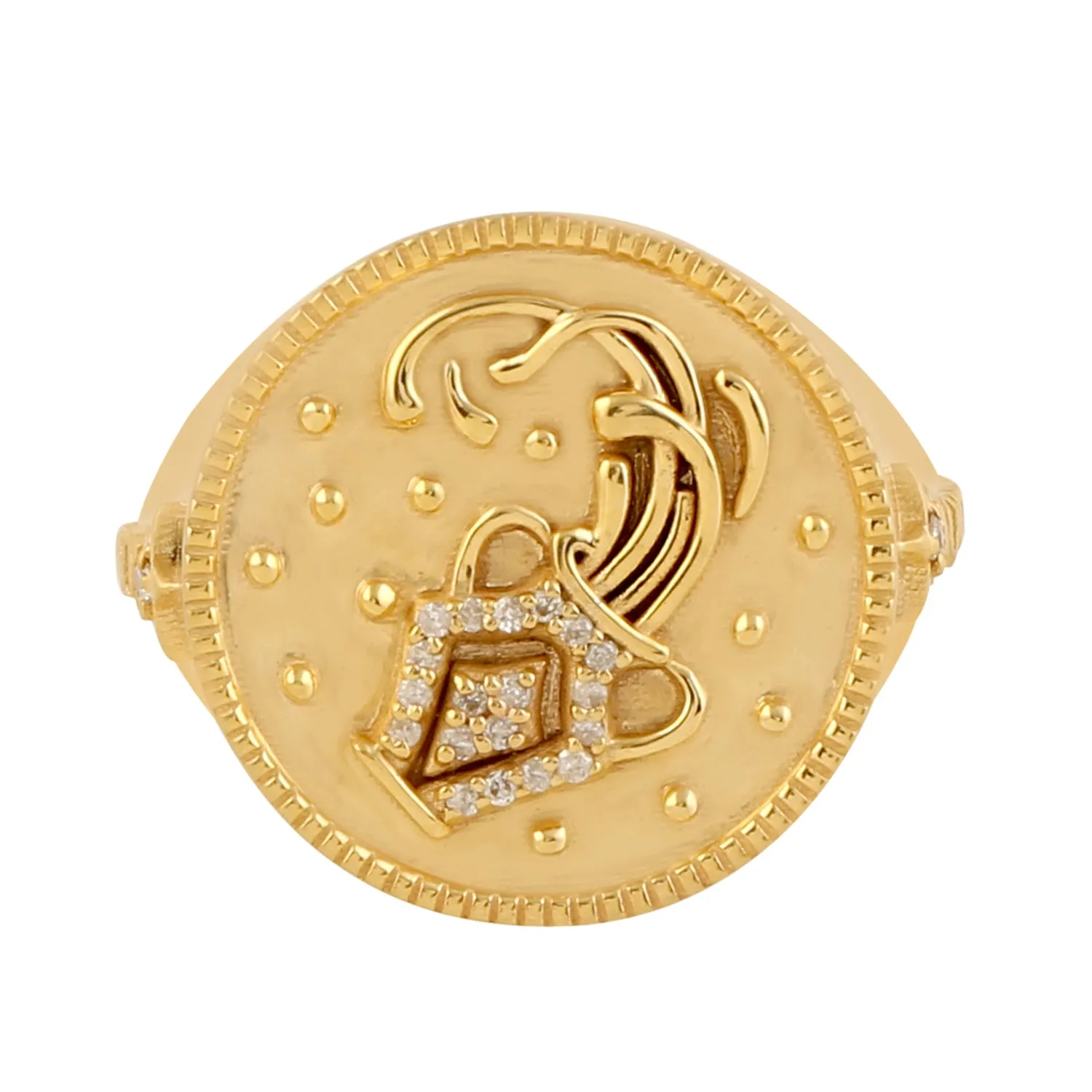 14k Yellow Gold Aquarius Zodiac Sign Birth Month Cocktail Ring With Studded Diamond