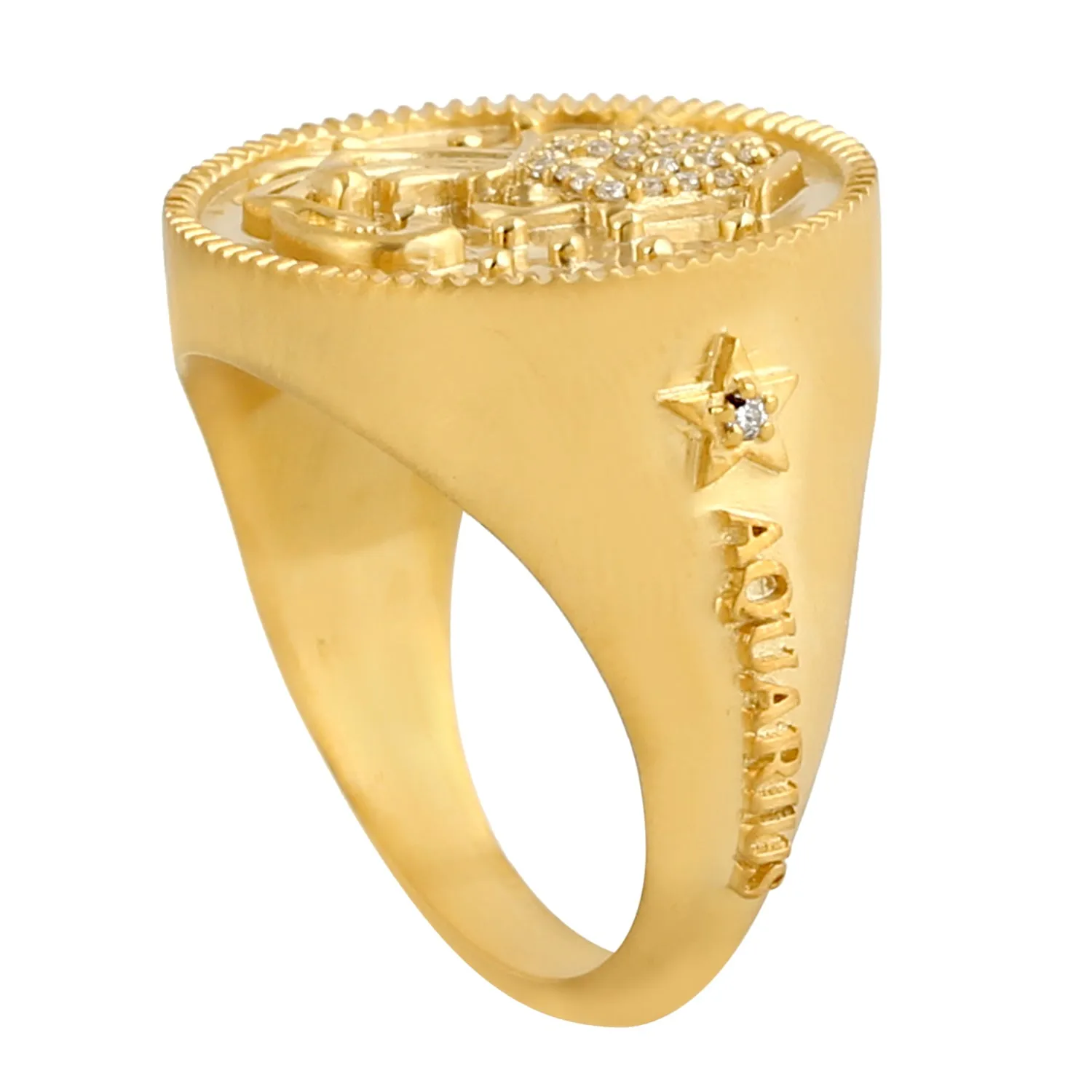 14k Yellow Gold Aquarius Zodiac Sign Birth Month Cocktail Ring With Studded Diamond