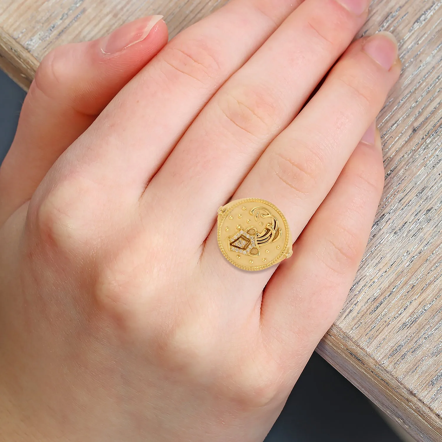14k Yellow Gold Aquarius Zodiac Sign Birth Month Cocktail Ring With Studded Diamond
