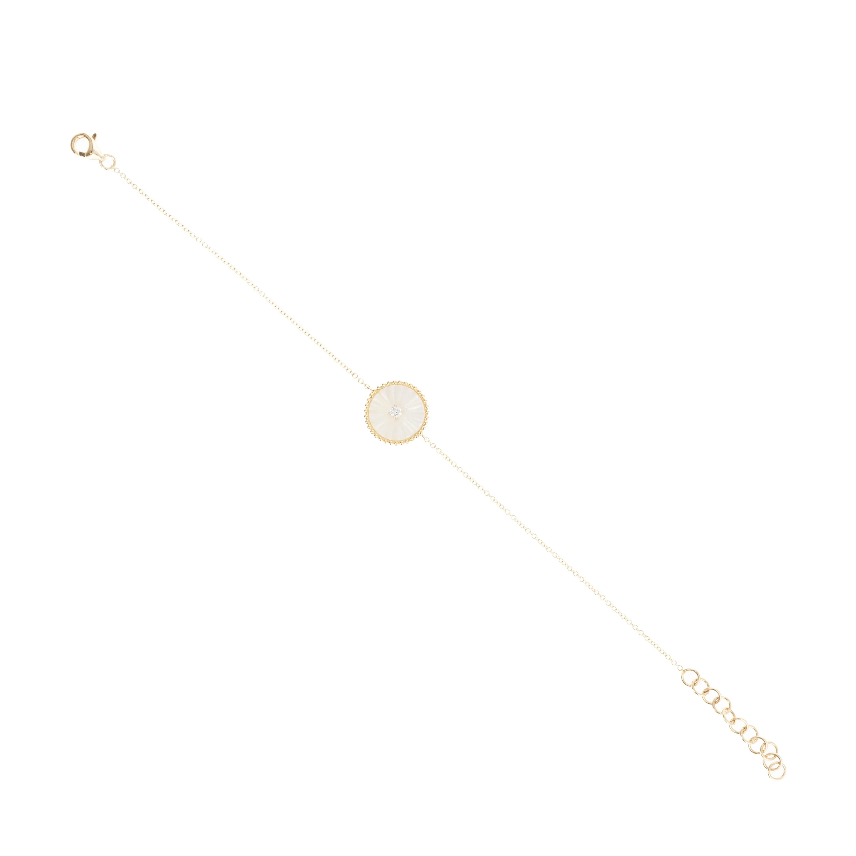 14K Yellow Gold Fluted Mother Of Pearl Diamond Station Bracelet