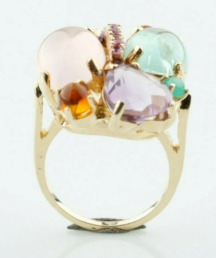14k Yellow Gold Multi-Gemstone Plaque Cocktail Ring Size 7.75 Unique!