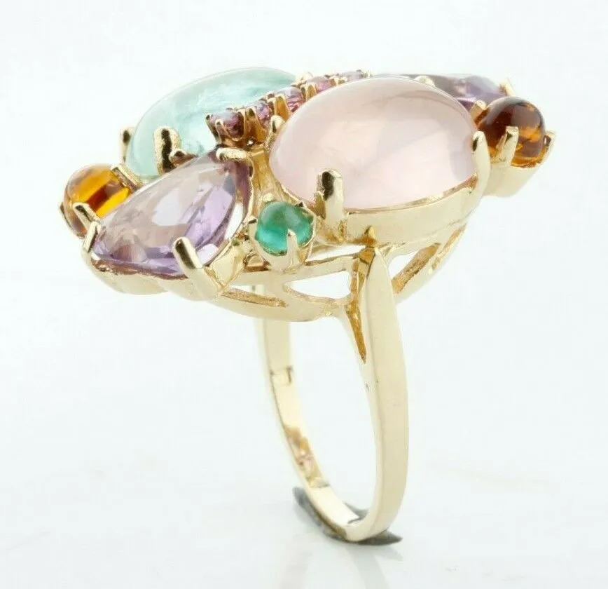 14k Yellow Gold Multi-Gemstone Plaque Cocktail Ring Size 7.75 Unique!