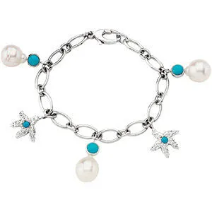 14k Yellow Gold Paspaley South Sea Cultured Pearl & Genuine Turquoise Charm Bracelet