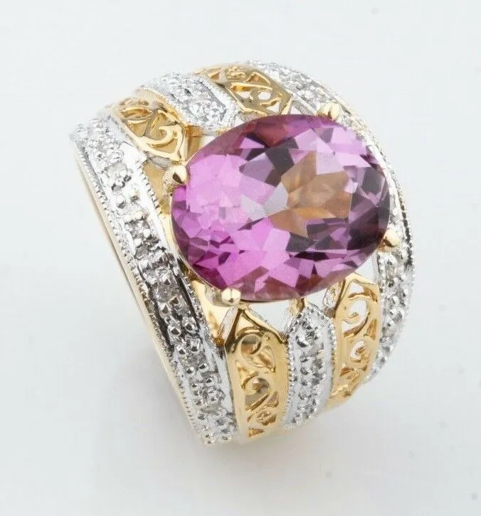 14K Yellow Gold Rhodium Topaz Diamond Cocktail Ring Size 6