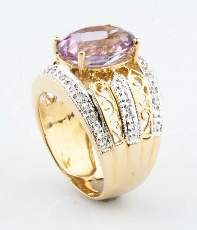 14K Yellow Gold Rhodium Topaz Diamond Cocktail Ring Size 6