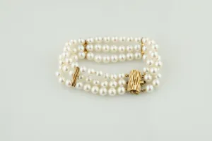 14k Yellow Gold Three-Strand Pearl Bracelet w/ Gold Accents 7" Long