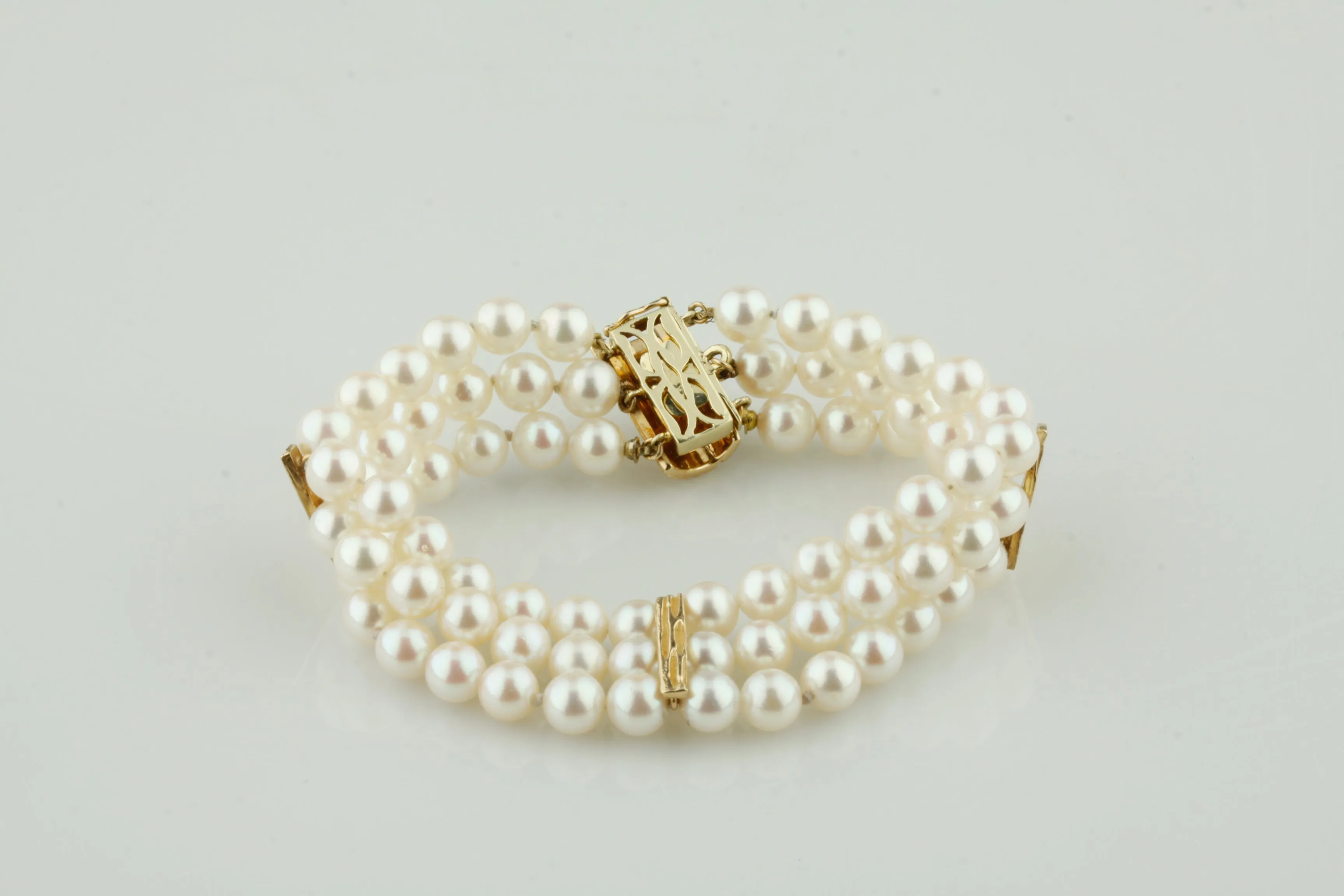 14k Yellow Gold Three-Strand Pearl Bracelet w/ Gold Accents 7" Long