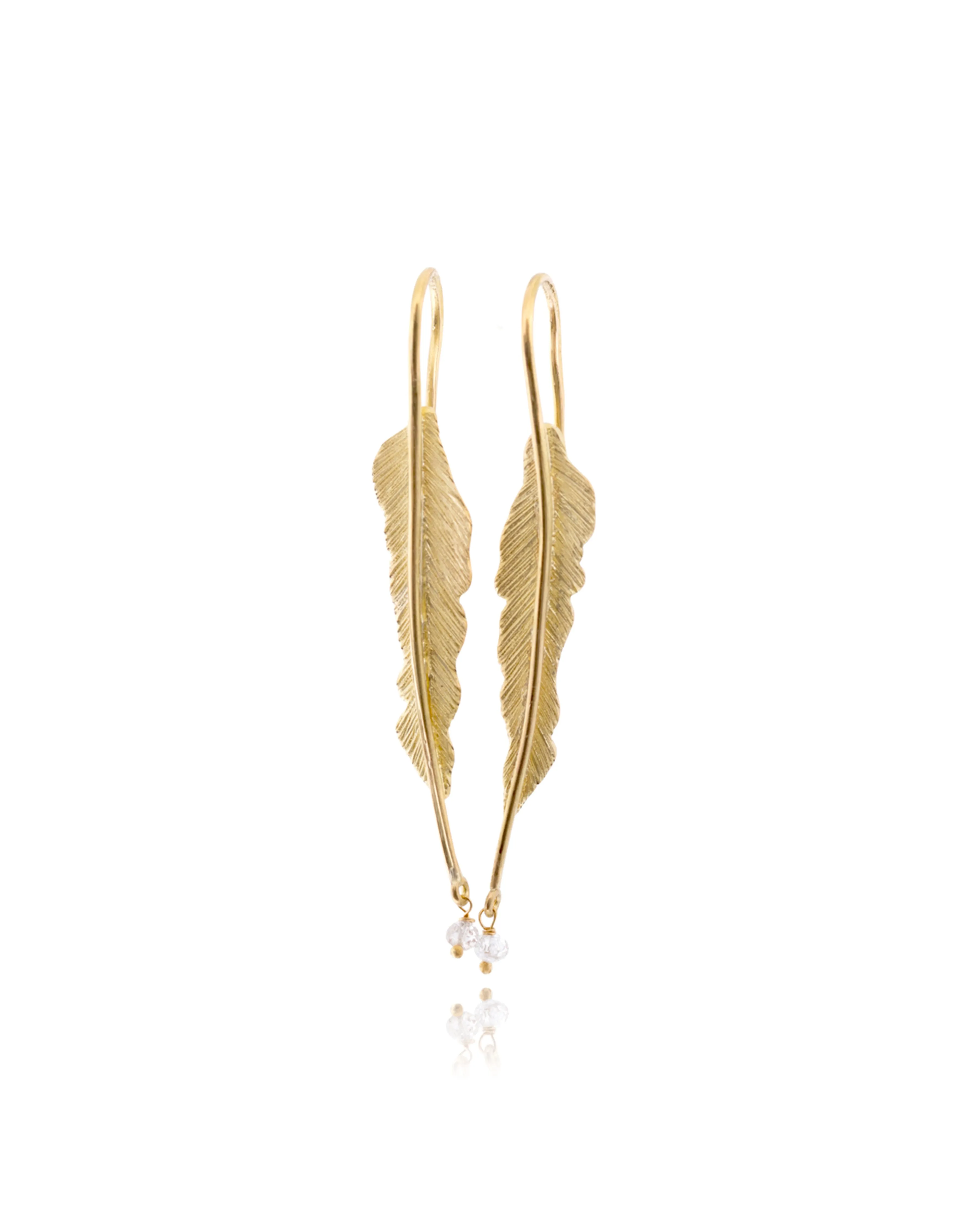 18k gold feather earrings with diamond beads