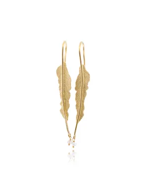 18k gold feather earrings with diamond beads