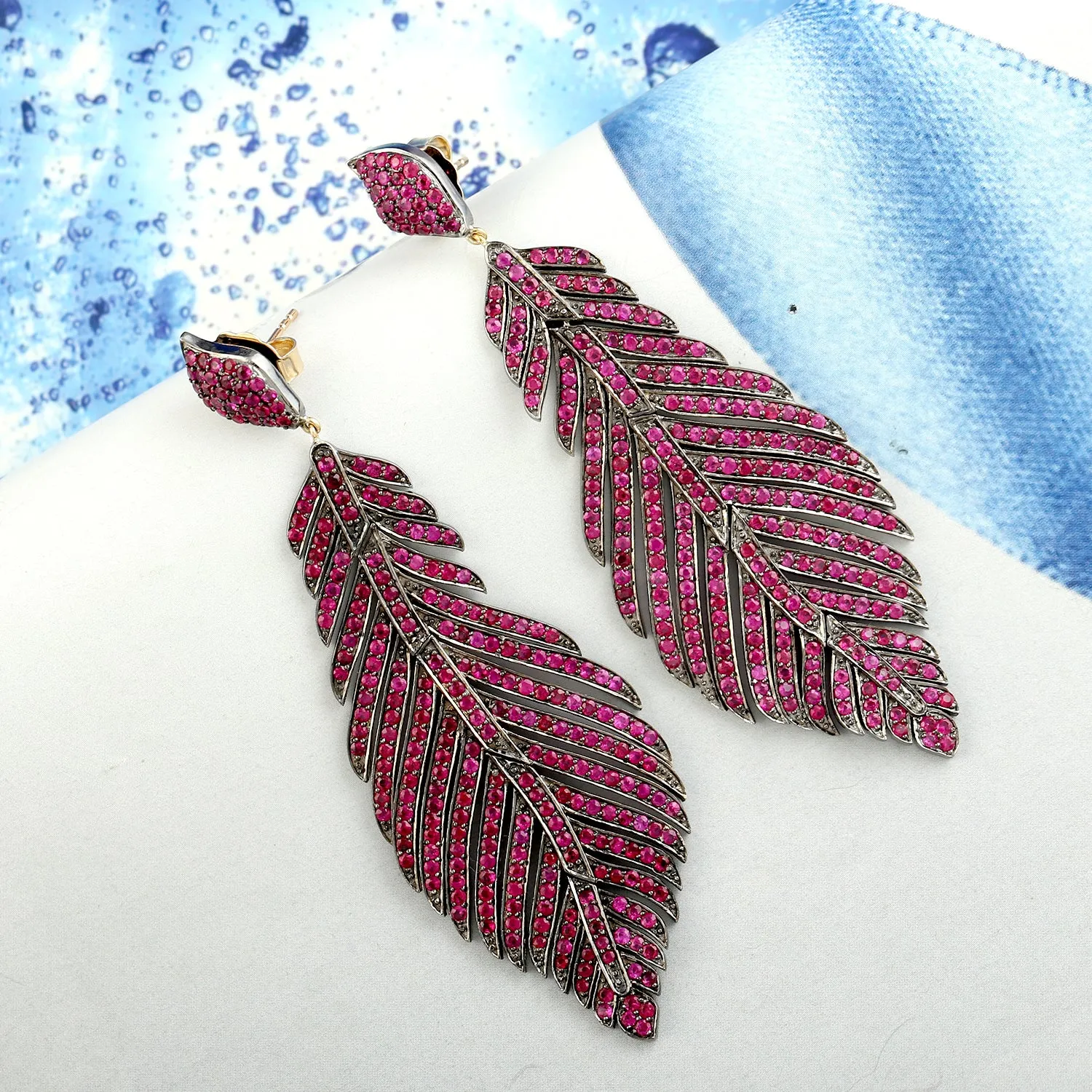 18K Yellow Gold 925 Silver Pave Ruby Gemstone Feather Dangler For Women