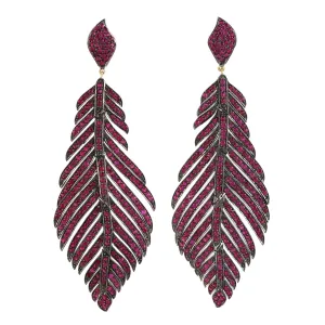 18K Yellow Gold 925 Silver Pave Ruby Gemstone Feather Dangler For Women