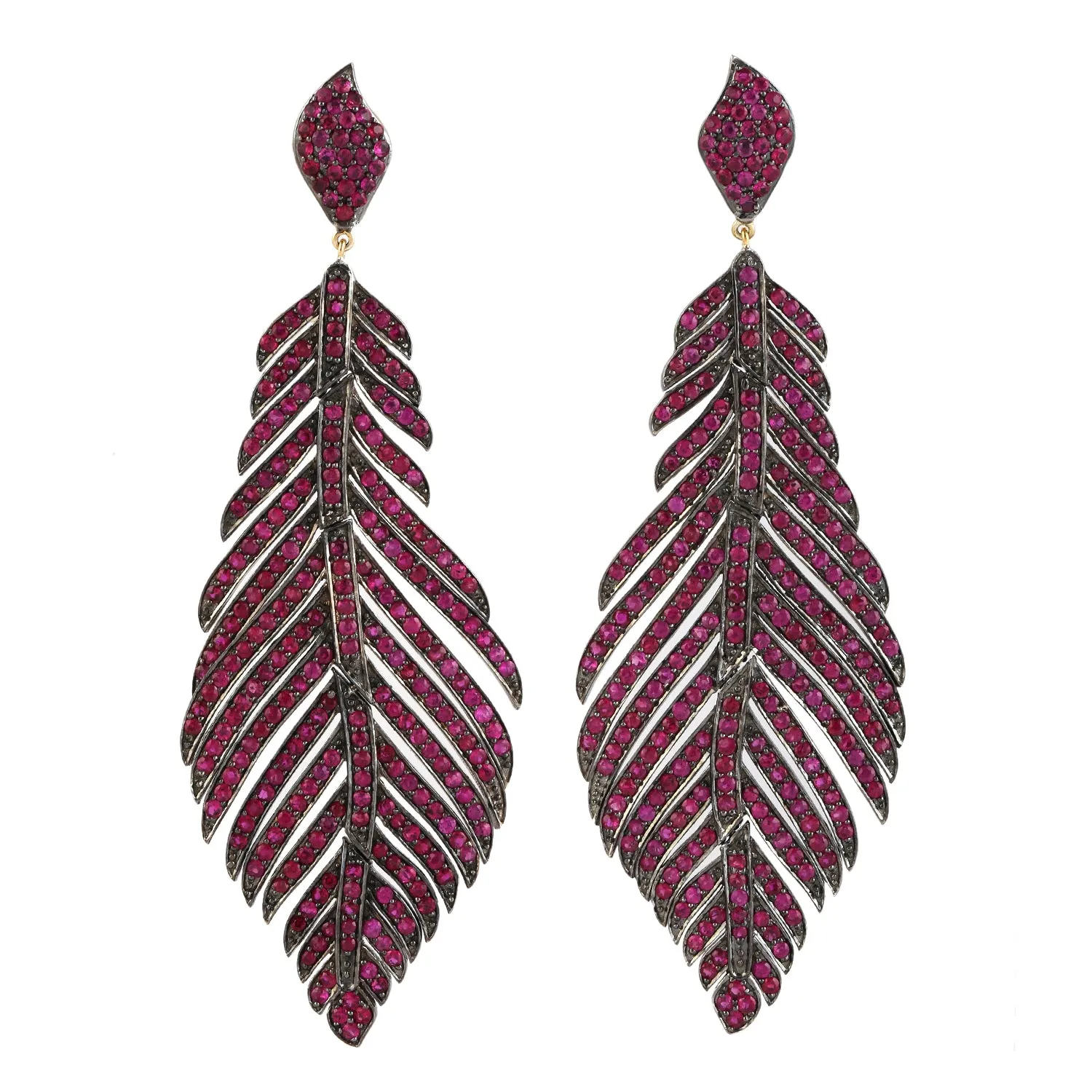 18K Yellow Gold 925 Silver Pave Ruby Gemstone Feather Dangler For Women