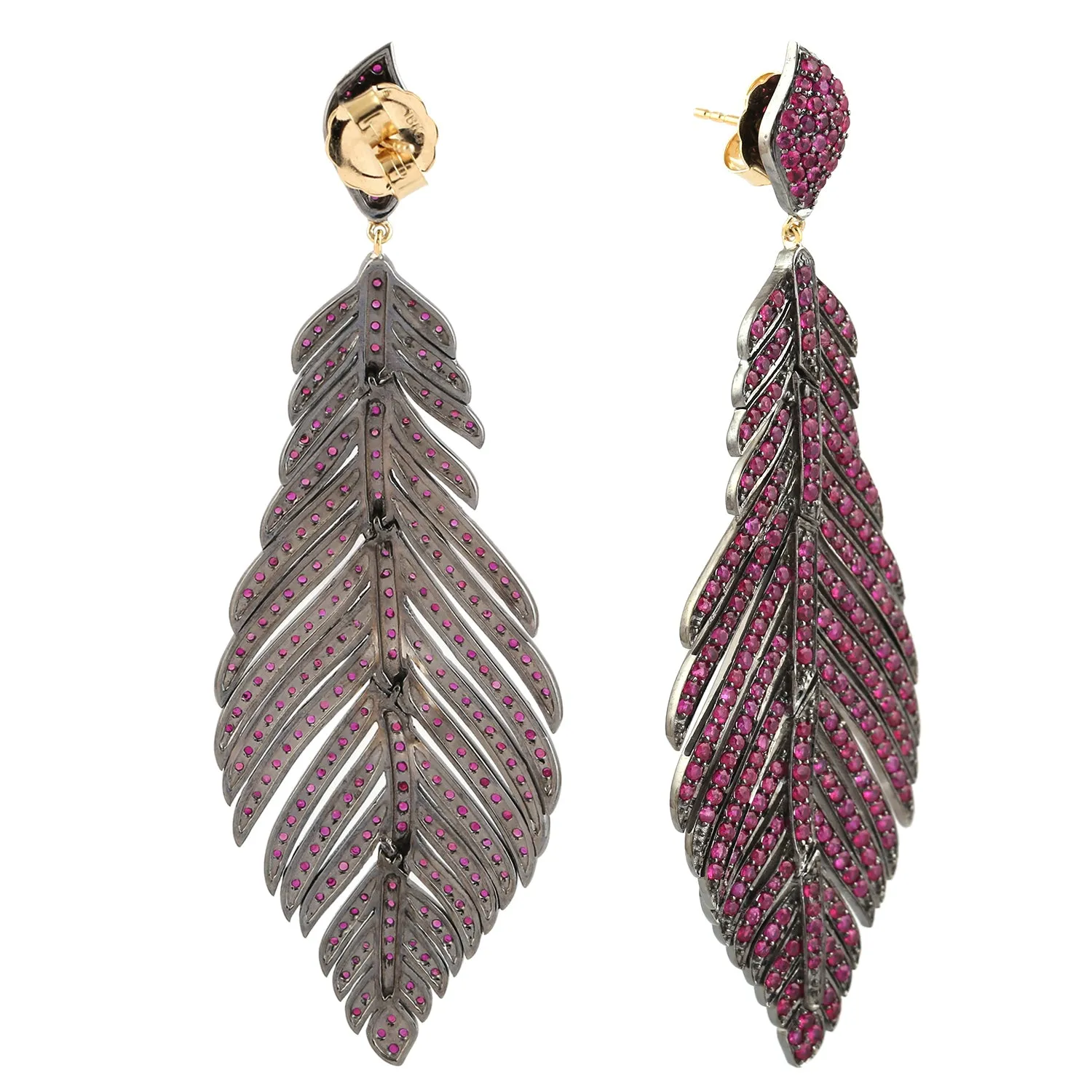 18K Yellow Gold 925 Silver Pave Ruby Gemstone Feather Dangler For Women