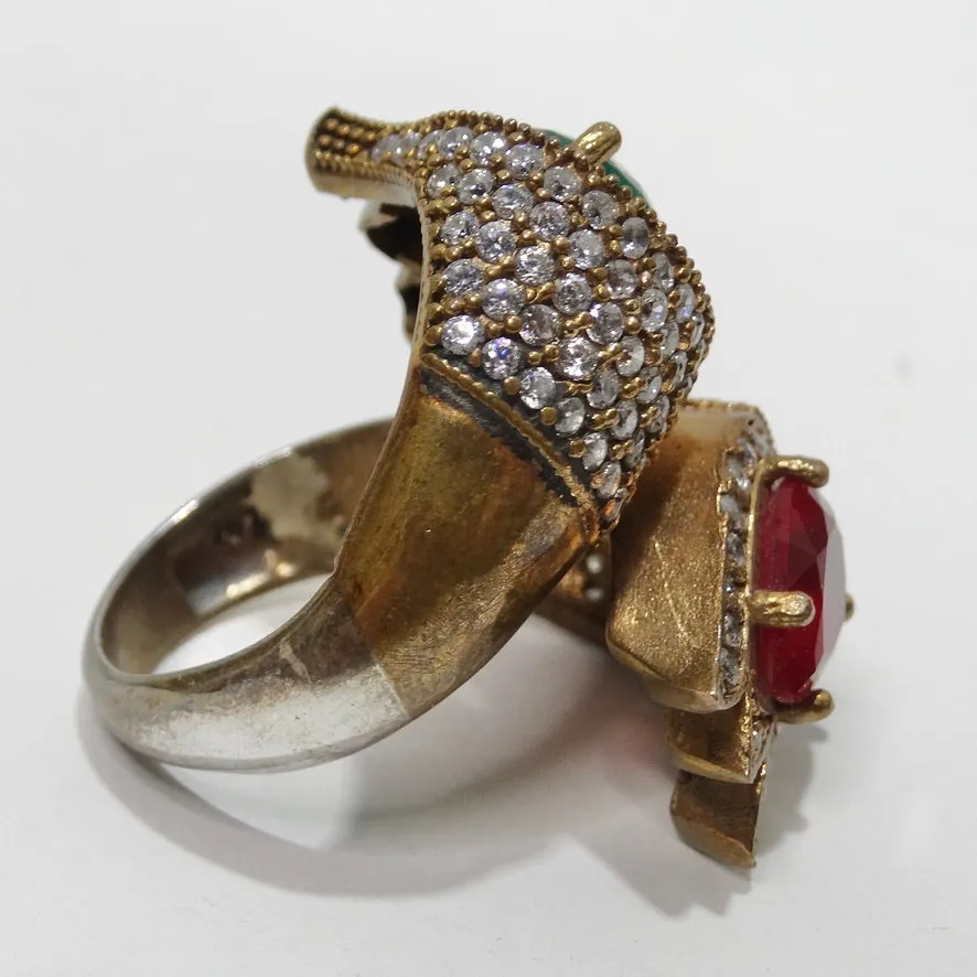 1990s 925 Silver Synthetic Ruby and Emerald Ring