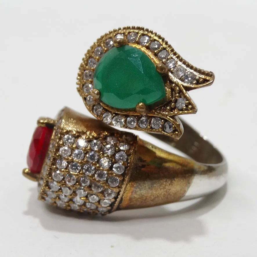 1990s 925 Silver Synthetic Ruby and Emerald Ring