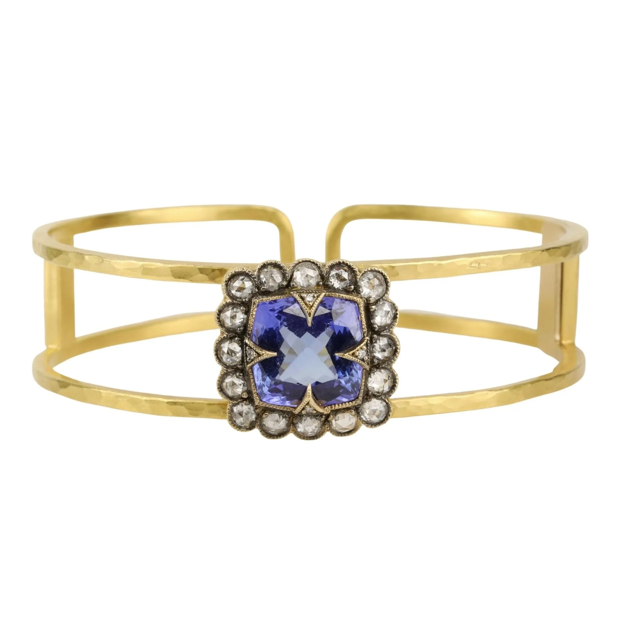 22k Gold Open "Double" Bracelet with Tanzanite Center and Diamond "Lace Edge"