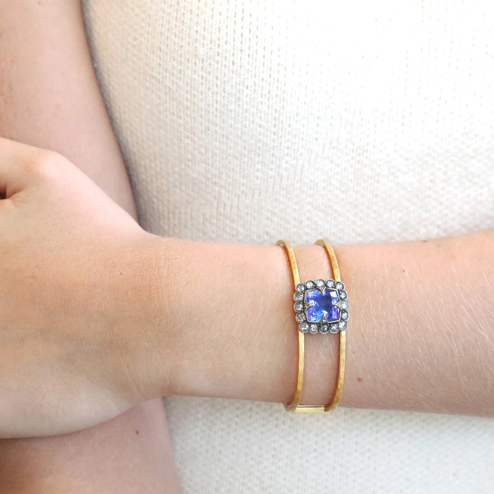 22k Gold Open "Double" Bracelet with Tanzanite Center and Diamond "Lace Edge"