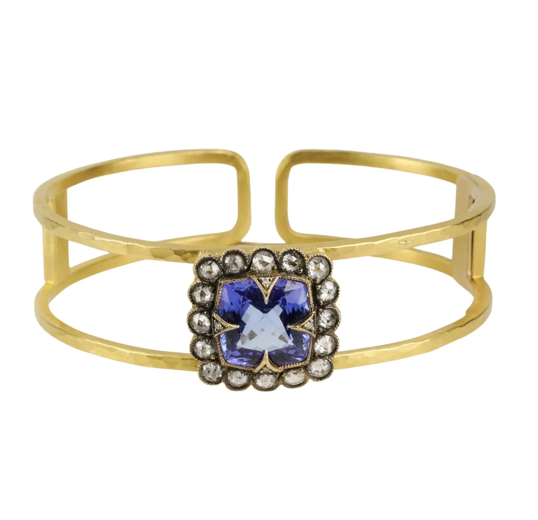 22k Gold Open "Double" Bracelet with Tanzanite Center and Diamond "Lace Edge"