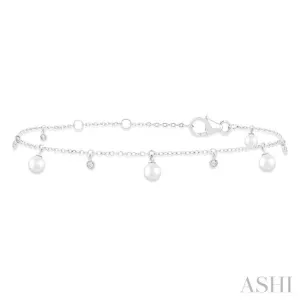 3 MM Round Shape Cultured Pearl and 1/20 ctw Round Cut Diamond Station Bracelet in 14K White Gold
