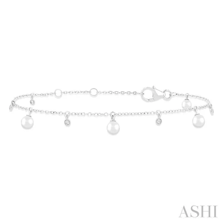 3 MM Round Shape Cultured Pearl and 1/20 ctw Round Cut Diamond Station Bracelet in 14K White Gold