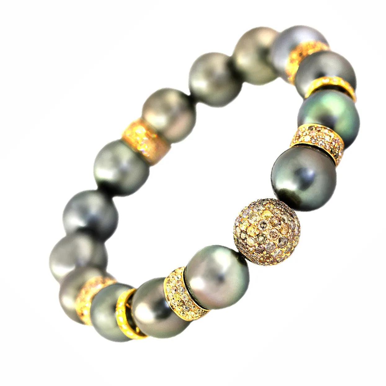 5.77ct Pave Fancy Diamond in Tahitian Peacock Pearl Stretch Bracelet