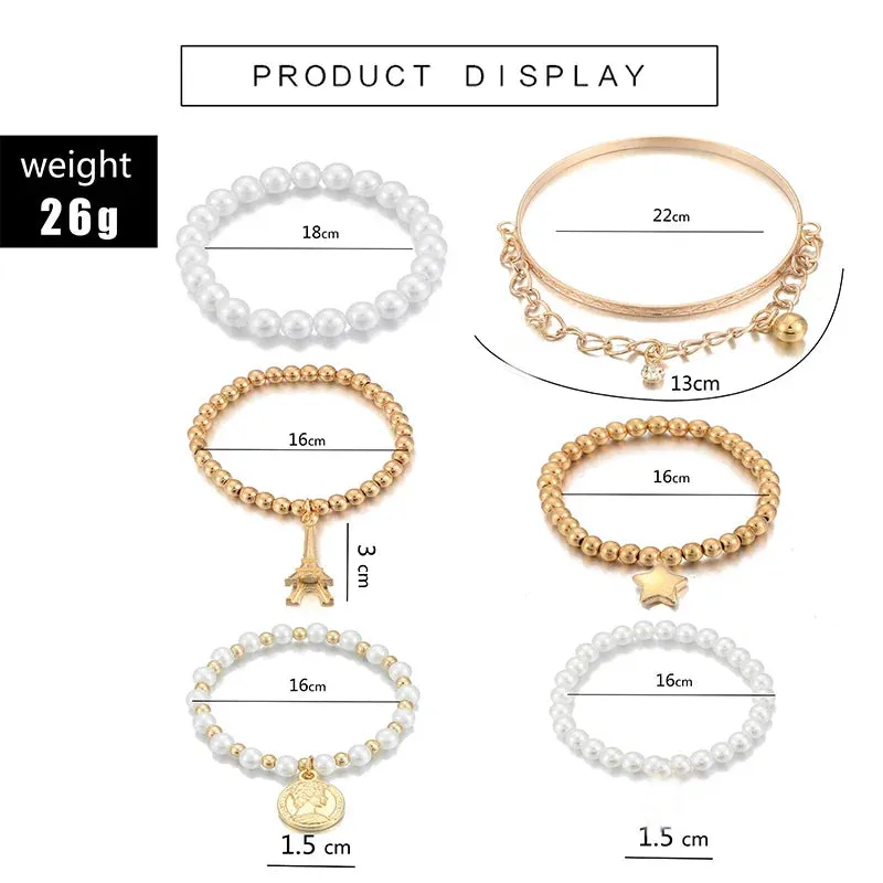 6pcs/set Fashion Gold Color Beads Pearl Star Multilayer Beaded Bracelets Set for Women Charm Party Jewelry Gift