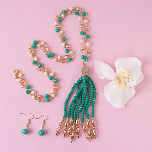72786 - Crystal Beaded Tassel Necklace - Turquoise