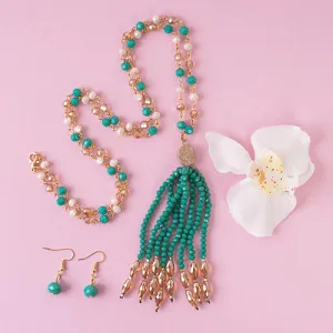 72786 - Crystal Beaded Tassel Necklace - Turquoise