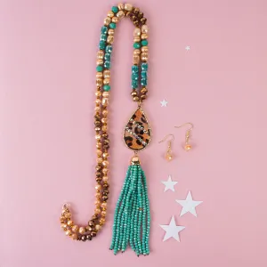 72889 - Animal Print Beaded Tassel Necklace - Turquoise