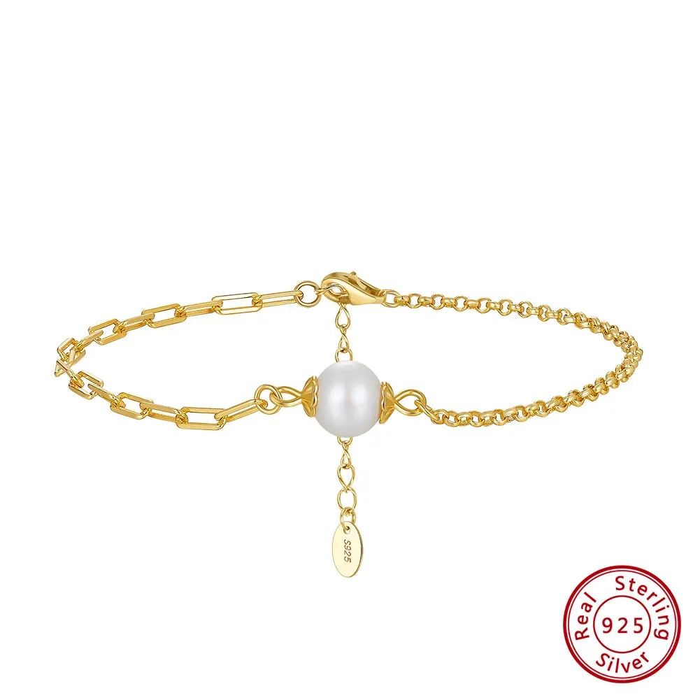 925 Sterling Silver Cuban Chain Bracelet with Real Natural Pearl for Women