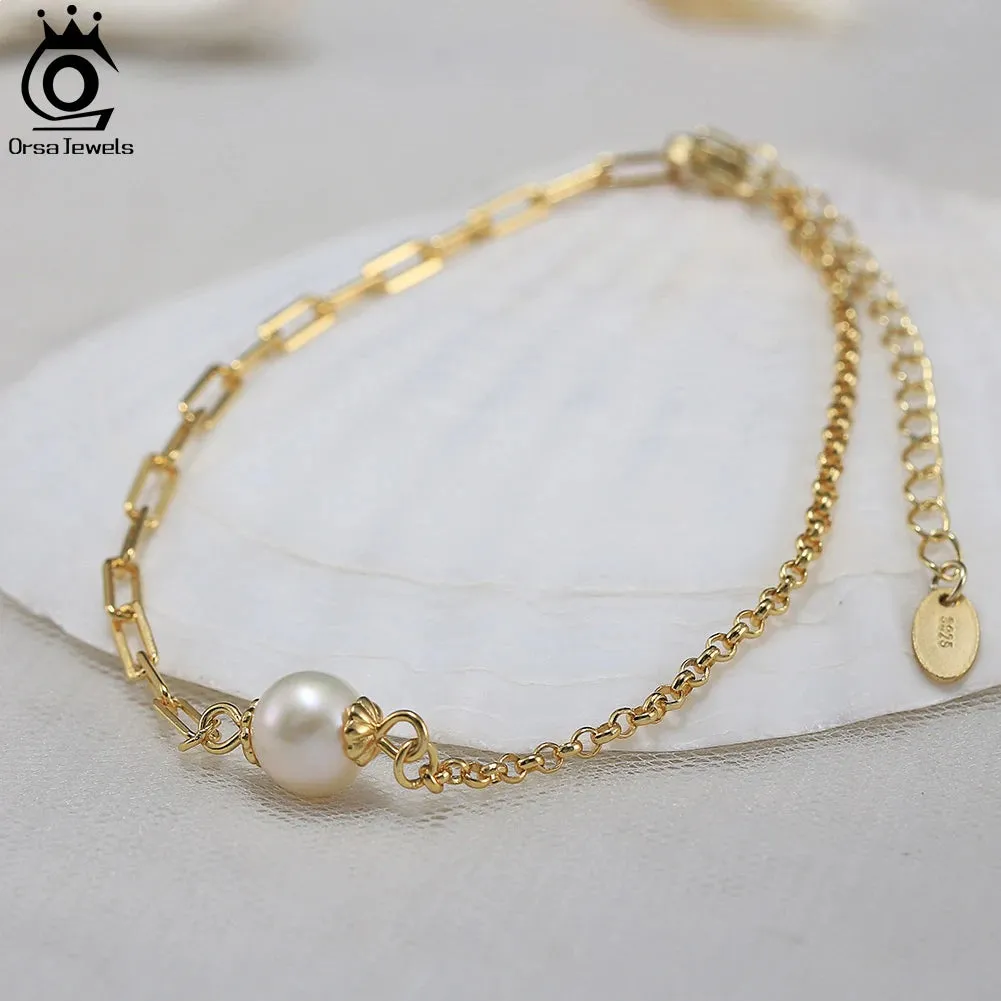 925 Sterling Silver Cuban Chain Bracelet with Real Natural Pearl for Women